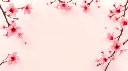 Naklejka premium high-angle view of a pastel background, subtly bordered by hand-painted cherry blossoms | generative AI