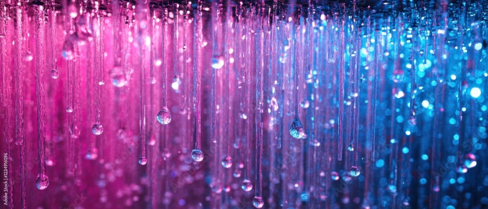 Poster abstract water droplets with pink and blue gradient light, creating a mesmerizing and vibrant backgr