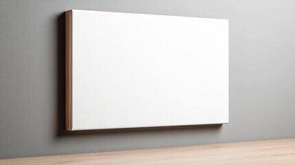 Blank White Canvas Mockup on Gray Wall with Wooden Frame Ready for Your Design Presentation