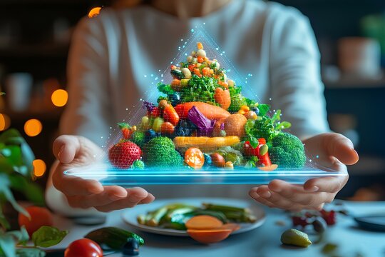 dietary expert presenting holographic food pyramids and customizable meal plans for public awareness promotion in a modern setting