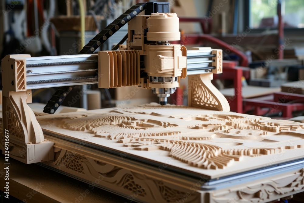 Poster automated cnc wood router carving an intricate design in a carpentry workshop