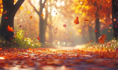 Autumn background with falling leaves and a blurred natural landscape in an autumn park