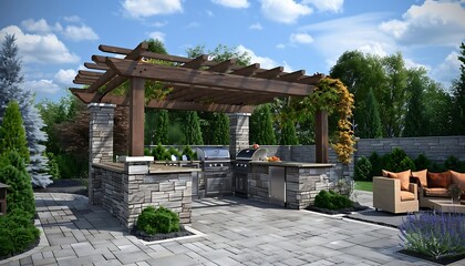 Obraz premium Outdoor patio with stone terrace and fireplace.