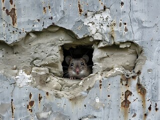 Small Mouse Peeking Out from Hole in Worn Concrete Wall Foundation