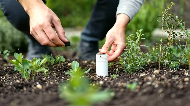 Person Setting Up Rain Gauge in Garden for Spring Showers
