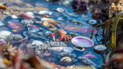 Red crab amidst tide pool's seashells and anemones.
