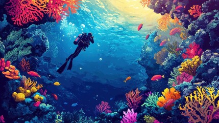 Diver Exploring a Vibrant Underwater Cave