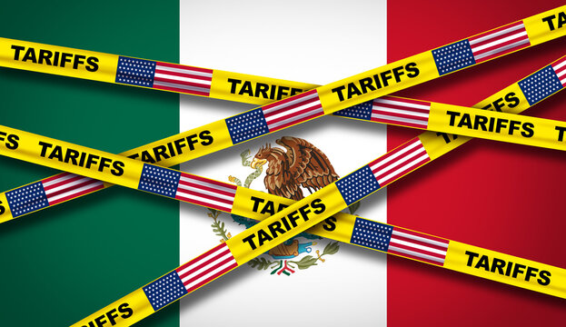 US Mexico Tariff Trade War and American Tariffs on Mexico as US Mexican Tariff trade retaliation as an economic tax or national taxation dispute in conflict over import and exports concept.