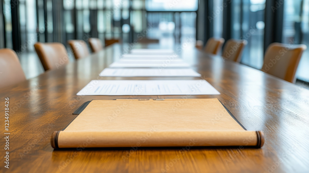 Poster professional meeting setup in modern office with documents on wooden table, creating focused atmosph