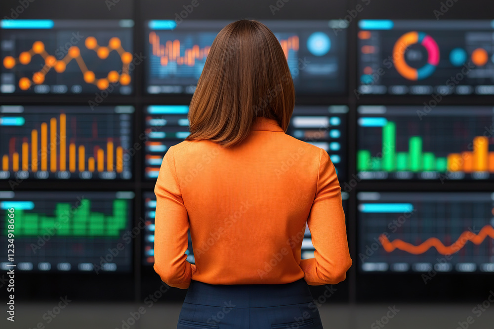 Poster woman in orange shirt stands confidently in front of large digital dashboard displaying various colo