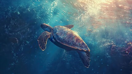 Fototapeta premium Diver Swimming with a Majestic Sea Turtle