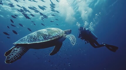 Obraz premium Diver and Majestic Sea Turtle Underwater Encounter