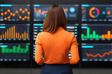 woman in orange shirt stands confidently in front of large digital dashboard displaying various colorful graphs and charts, analyzing data metrics