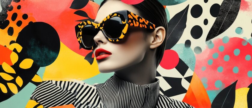 Stylish adult woman with bold red lips and leopard print sunglasses posing against a vibrant abstract colorful background Concept of fashion, beauty, and modern art