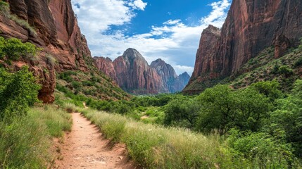 A mountain pass with a narrow trail leading between towering cliffs.
