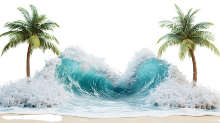 A powerful ocean wave crashes around two tropical palm trees on a sandy beach creating a dramatic and beautiful scene.