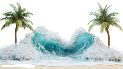 A powerful ocean wave crashes around two tropical palm trees on a sandy beach creating a dramatic and beautiful scene.