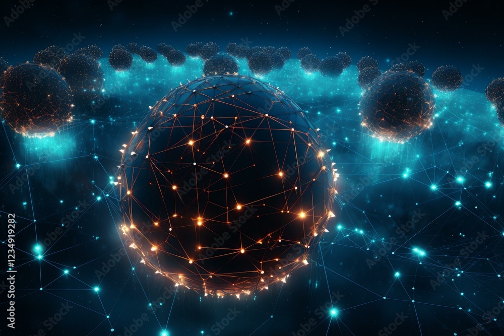 Poster Futuristic spheres with glowing lines and nodes creating a network in outer space, representing global communication and data exchange