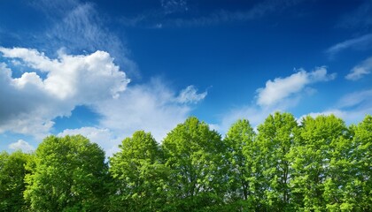 inexperienced tree top line over blue sky and clouds historical past in summer time