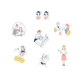  美容・エステサロンのさまざまなシーン　セットダイエット、イラスト、セット、バリエーション、美容、エステ、痩身、肥満、エステサロン、美肌、リラックス、リラクゼーション、女性、若い、カウンセリング、ハンドマッサージ、脂肪、ベクター、ボディメイク、笑顔、人物、白バック、シンプル、イラストレーション、ビフォーアフター、お腹、下着、痩せる、健康、白背景、ボディ、メタボリック、スリム、ボディケア、スキンケア