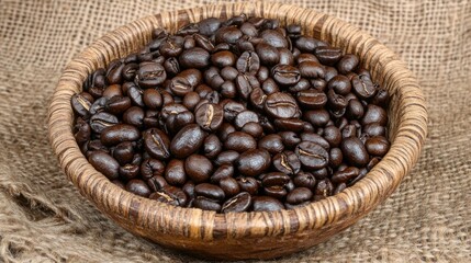 Fototapeta premium Roasted Coffee Beans In A Wooden Bowl