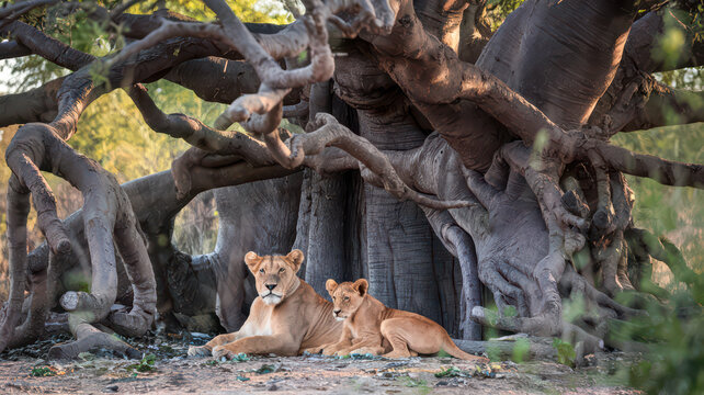 Lioness and cub resting under a massive tree.