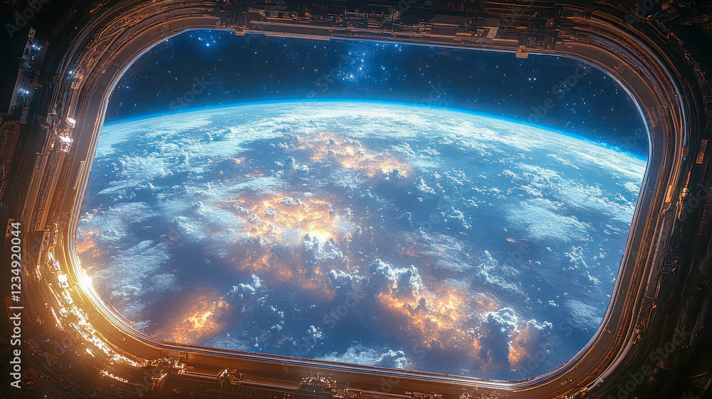 Poster a breathtaking view of earth from a futuristic spaceship window, showcasing glowing clouds and deep 