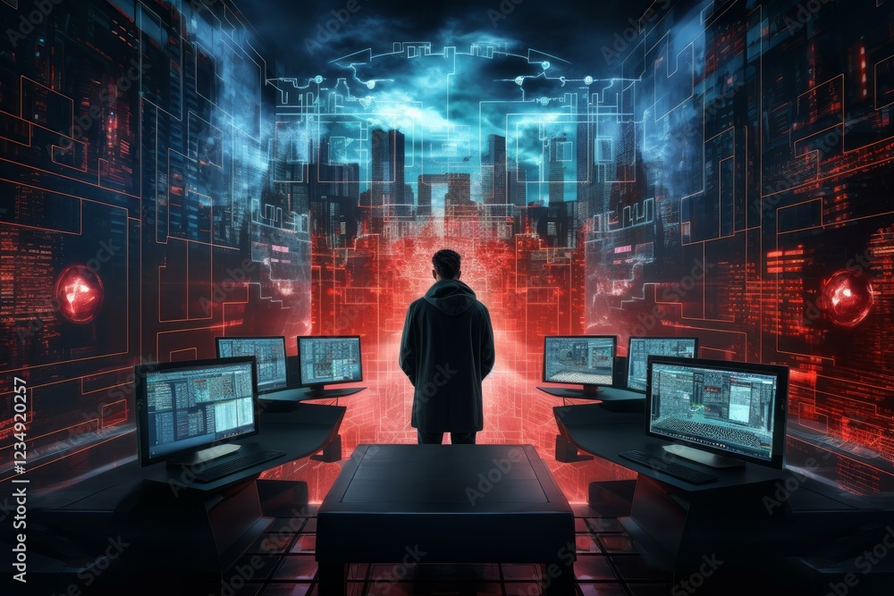 Poster hacker standing in futuristic control room with multiple computer monitors and holographic projectio