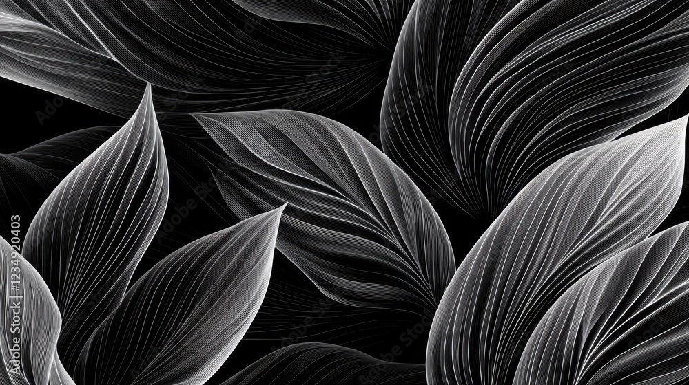 Poster abstract black and white design featuring flowing leaves, creating a dynamic floral pattern