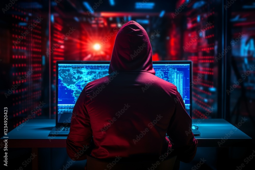 Poster hacker is breaking server from his computer in data center with red and blue lights