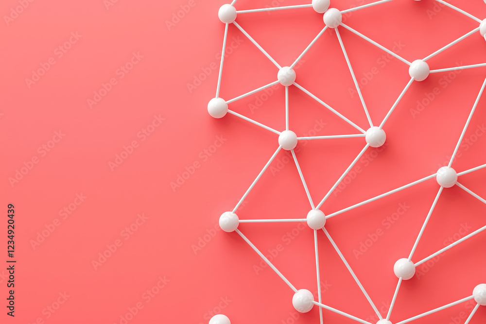 Poster network of white interconnected nodes on coral background symbolizes connectivity and data flow. geo