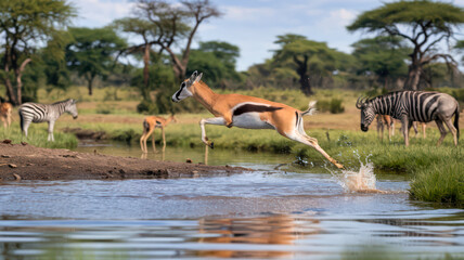 Gazelle leaps across a watering hole in the savanna.