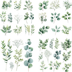 Fototapeta premium Seth eustoma flowers, buds, eucalyptus branches, berry twigs, gemstone decor. Watercolor hand drawn illustration on white background for design of cards, wedding invitations, background, print, textil