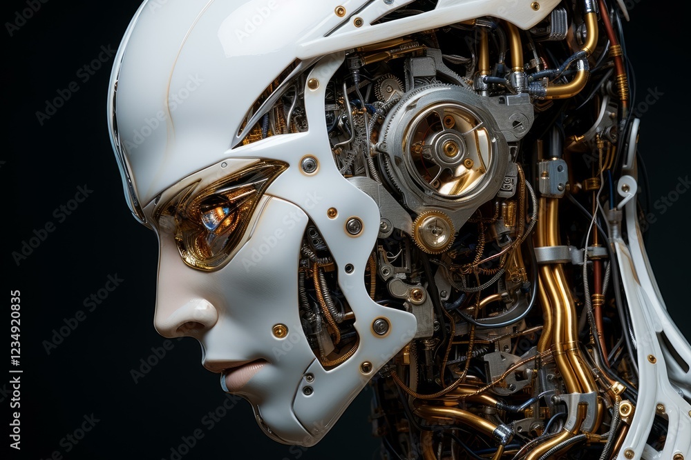 Aufkleber profile view of futuristic cyborg revealing intricate internal mechanisms, blending artificial intel