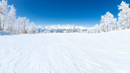 Obraz premium Snowy ski slope runs through frosted winter trees under a clear blue sky in the alpine mountains.