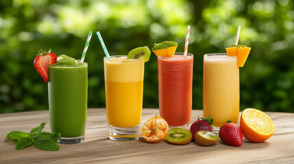Fototapeta premium Refreshing assortment of vibrant summer drinks, including green smoothie, tropical fruit juices, and garnished with fresh fruits. Perfect for sunny day