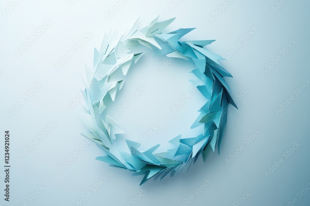 Poster creative art project with layered paper in blue gradient forming a circular wreath design on a light