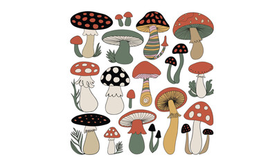Whimsical Mushroom Illustration, Hand-drawn Mushroom Patterns in Pastel Colors