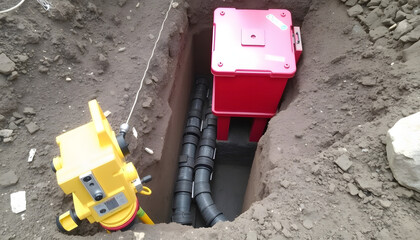 Deep drainage excavation works, with red trench support box installed into the trench and yellow total station next to it, with white tones