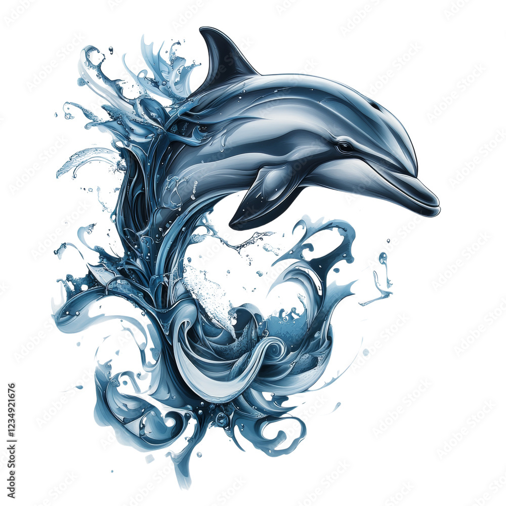 Poster A stylized dolphin leaps through a dynamic water splash, creating an abstract and artistic representation of marine life.