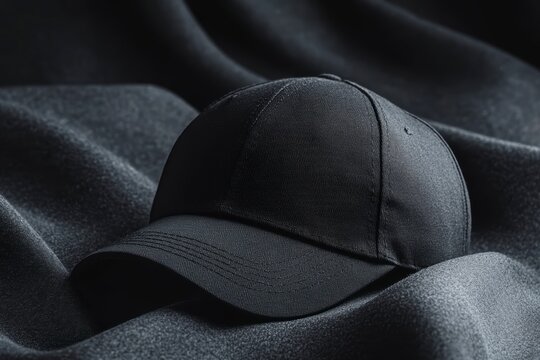 Black baseball cap mockup on a dark gray fabric background. 