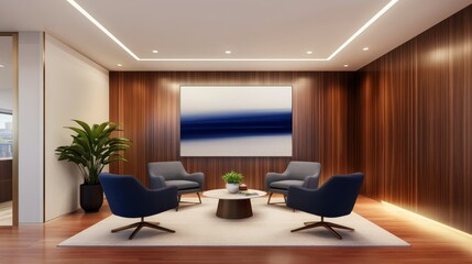 Fototapeta premium Modern lounge area featuring stylish chairs, a coffee table, and abstract art against wood paneling