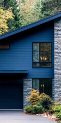 Modern navy blue house with stone facade surrounded by lush green forest contemporary architecture design