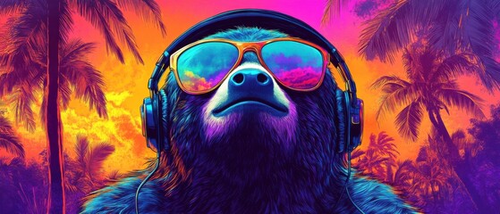 Cool sloth wearing headphones and sunglasses with colorful reflection, enjoying music in a tropical setting with palm trees Concept of relaxation, summer, and vibrant art