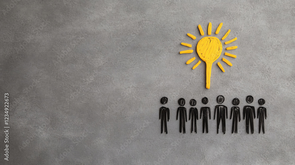 Poster creative sketch of stick figures in team setting with sun symbolizing positivity and collaboration. 