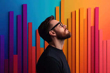 man with glasses stands confidently against vibrant, colorful background featuring abstract bar graphs, symbolizing growth and success