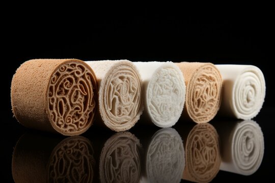 Five rolled injera breads, a staple food in ethiopian cuisine, are arranged on a black reflective surface, showcasing beautiful and traditional patterns