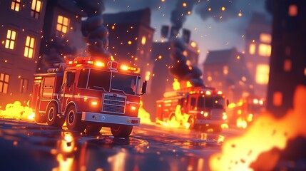 Adorable Chibi Style Fire Trucks in a Burning Cityscape Scene