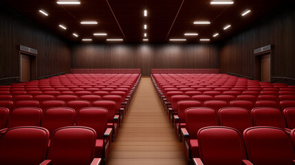 Naklejka premium spacious auditorium with red seating and wooden walls, designed for presentations and performances, creating inviting atmosphere for audiences