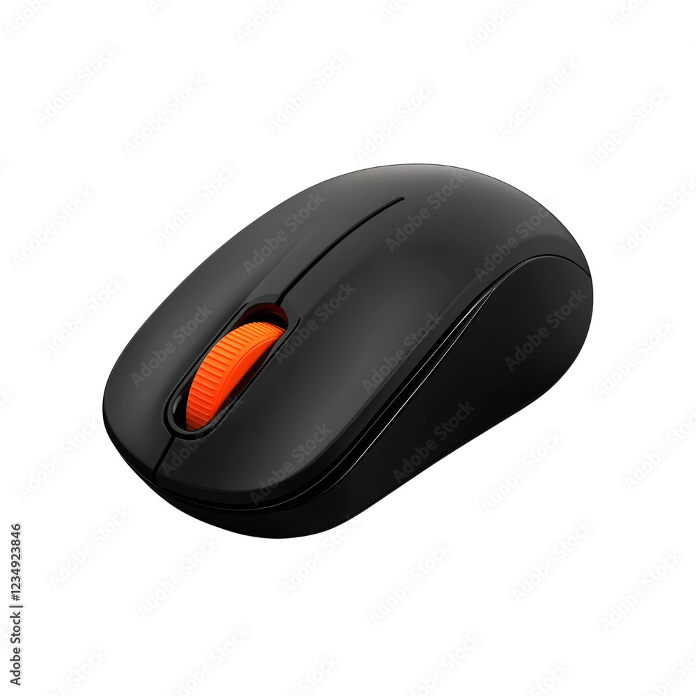Poster A sleek black wireless computer mouse is shown with an orange scroll wheel detail this is a product image